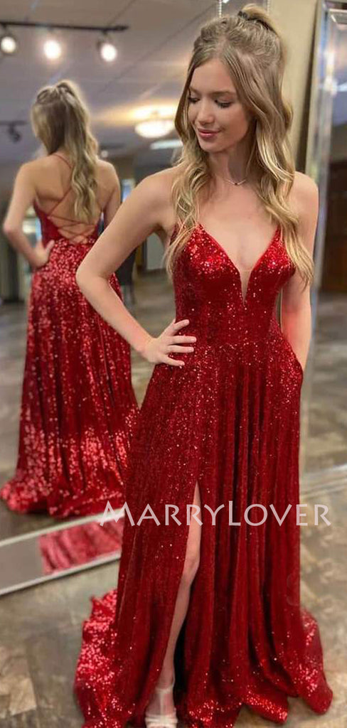 Red Sequin V Neck Backless Long Evening Prom Dresses, Cheap Custom Prom Dresses, MR7333