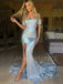 Sliver Sequin Off Shoulder Mermaid Long Side Slit Evening Prom Dresses, MR7336