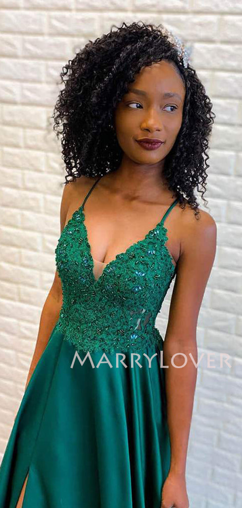 Green Satin Spaghetti Straps A-Line Long Evening Prom Dresses, MR7338