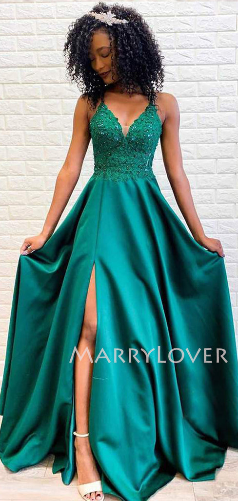 Green Satin Spaghetti Straps A-Line Long Evening Prom Dresses, MR7338