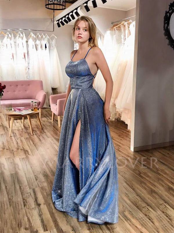 A-Line Spaghetti Straps Blue Sparkle Side Slit Long Evening Prom Dresses, MR7339