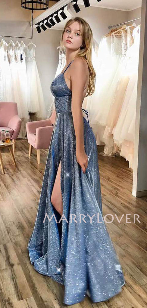 A-Line Spaghetti Straps Blue Sparkle Side Slit Long Evening Prom Dresses, MR7339