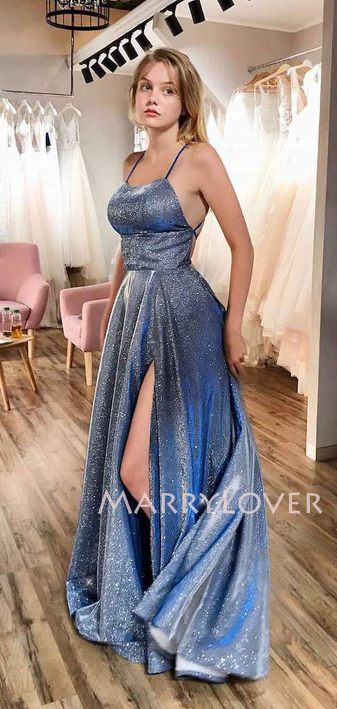 A-Line Spaghetti Straps Blue Sparkle Side Slit Long Evening Prom Dresses, MR7339