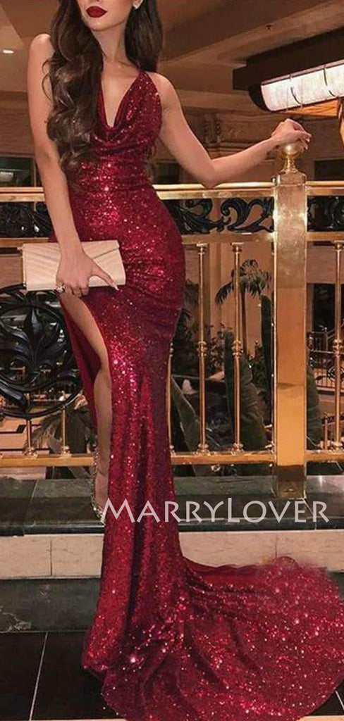 Burgundy Sequin Mermaid Side Slit Long Evening Prom Dresses, MR7343