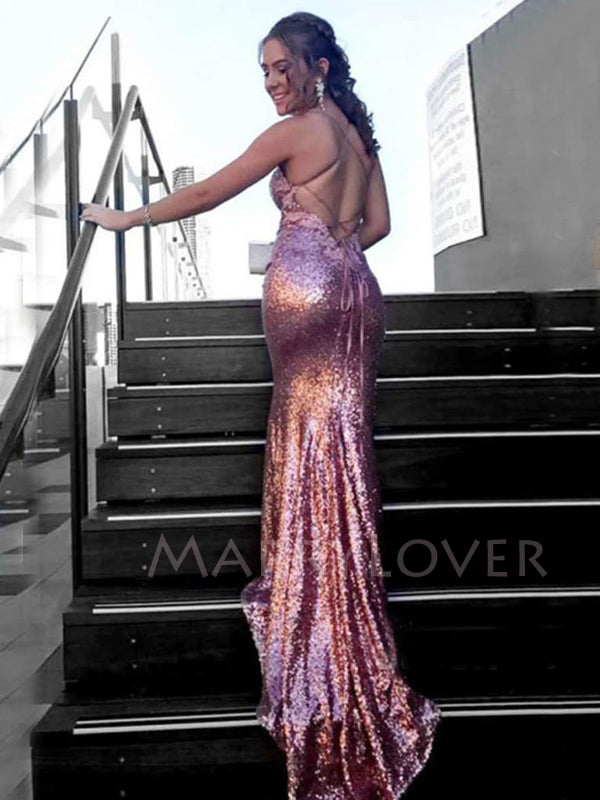 Rose Gold Sequin Mermaid Spaghetti Straps Criss-Cross Straps Long Evening Prom Dresses, Cheap Custom Prom Dresses, MR7349