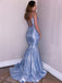 Blue Sparkly Mermaid Spaghetti Straps V Neck Long Evening Prom Dresses, Cheap Custom Prom Dresses,MR7350