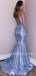 Blue Sparkly Mermaid Spaghetti Straps V Neck Long Evening Prom Dresses, Cheap Custom Prom Dresses,MR7350