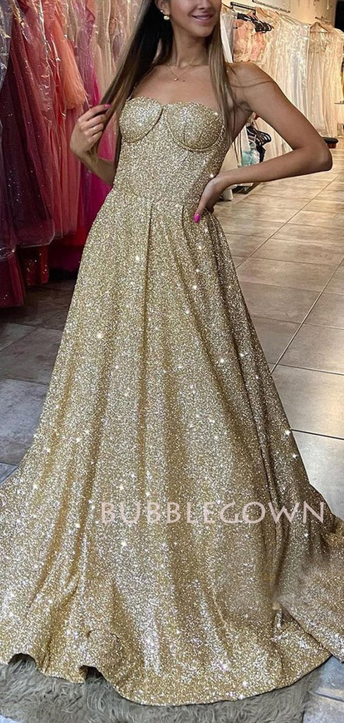 Golden Sequin A-Line Long Evening Prom Dresses, Cheap Custom Prom Dress, MR7359