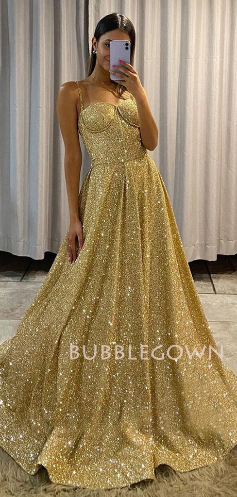 Golden Sequin A-Line Long Evening Prom Dresses, Cheap Custom Prom Dress, MR7359