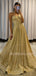 Golden Sequin A-Line Long Evening Prom Dresses, Cheap Custom Prom Dress, MR7359