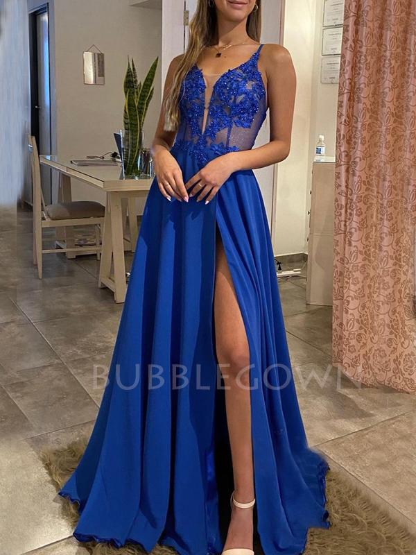 See Throuth Blue Chiffon Deep V Neck Cheap Long Evening Prom Dresses, MR7360