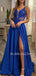 See Throuth Blue Chiffon Deep V Neck Cheap Long Evening Prom Dresses, MR7360