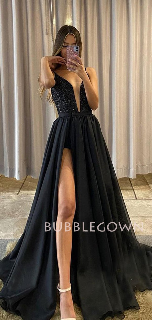 Black Chiffon Deep V Neck Side Slit Cheap Long Evening Prom Dresses, MR7363