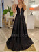 Deep V Neck Black Sequin A-Line Backless Long Evening Prom Dresses, Cheap Custom Prom Dresses, MR7367