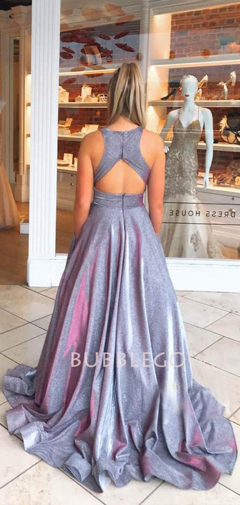 V Neck Sparkle Backless A-Line Long Evening Prom Dresses, Cheap Custom Prom Dress, MR7371