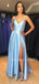 Green Satin V Neck Spaghetti Straps Side Slit Long Evening Prom Dresses, Cheap Custom prom dresses, MR7374
