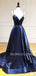 Dark Blue Satin Spaghetti Straps Side Slit Long V Neck Evening Prom Dresses, Cheap Custom prom dresses, MR7376