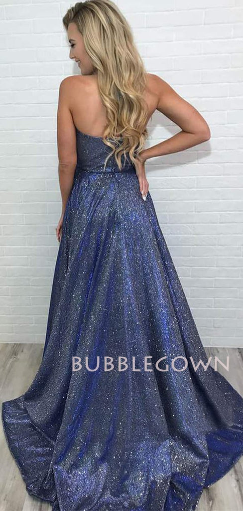 Dusty Blue V Neck A-Line Side Slit Long Evening Prom Dresses, Cheap Custom Prom Dress, MR7377