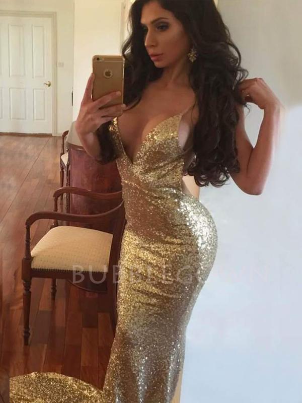 Sexy Gold Sequin Mermaid Spaghetti Straps Long Evening Prom Dresses, Cheap Custom Prom Dresses, MR7384