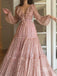 See Throuth Golden Long Sleeves V Neck Long Evening Prom Dresses, Cheap Custom Prom Dresses, MR7391