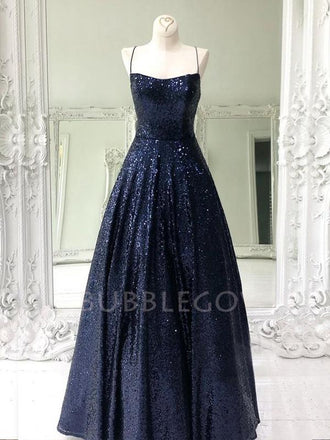 Navy Blue Sequin A-Line Spaghetti Straps Backless Long Evening Prom Dresses, Cheap Custom Prom Dresses, MR7392