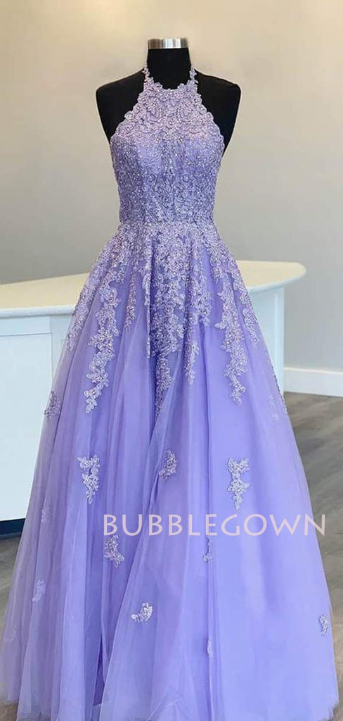 A-line Chic Halter Lavender Tulle Appliques Long Evening Prom Dresses, Cheap Custom Prom Dress, MR7400