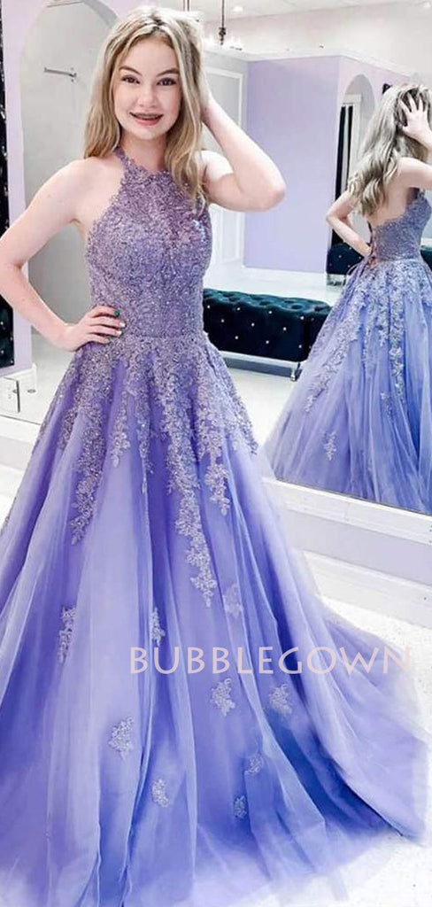 A-line Chic Halter Lavender Tulle Appliques Long Evening Prom Dresses, Cheap Custom Prom Dress, MR7400