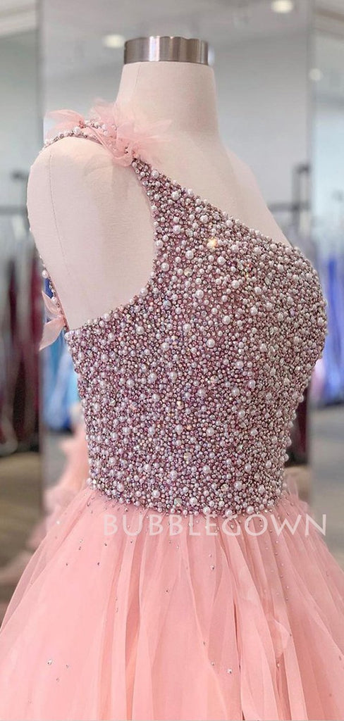 Pink Organza One Shoulder Beaded A-line Long Evening Prom Dresses, Cheap Sweet Prom dresses, MR7405