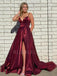 Plunging V-neck High Split Burgundy A-line Long Evening Prom Dresses, Cheap Custom prom dresses, MR7406