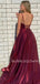 Plunging V-neck High Split Burgundy A-line Long Evening Prom Dresses, Cheap Custom prom dresses, MR7406