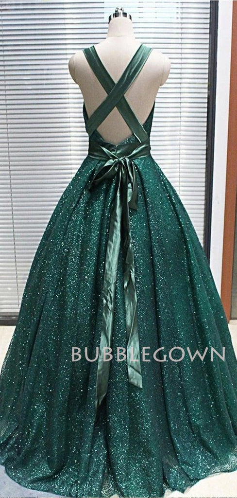 Ball Gown Attractive Green V-neck Sequins Sparkly Backless Long Evening Prom Dresses, Cheap Custom Prom Dresses, MR7412