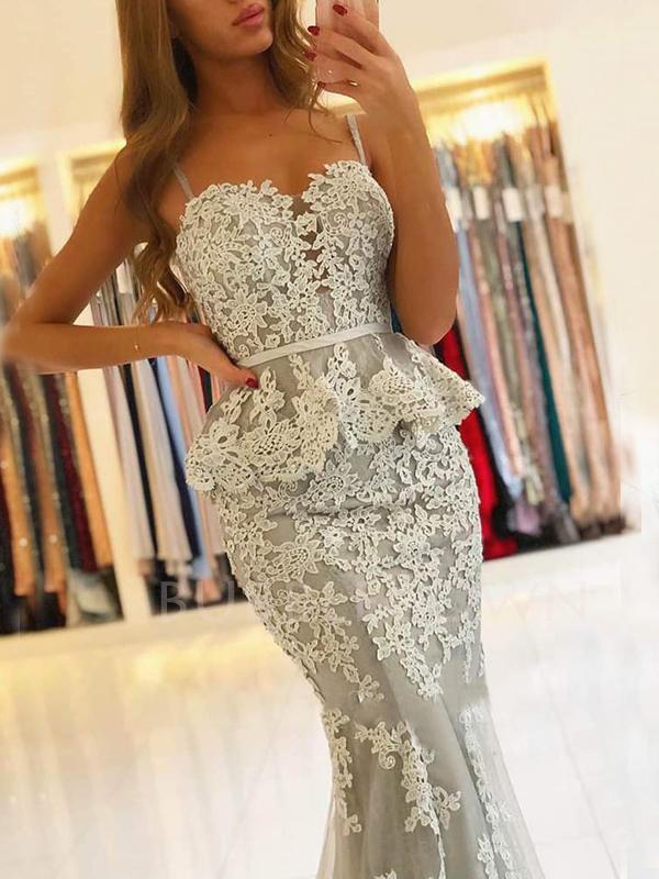 Copy of Grey Appliques Spaghetti Straps V Neck Mermaid Lace Long Evening Prom Dresses, Cheap Custom Prom Dresses, MR7416