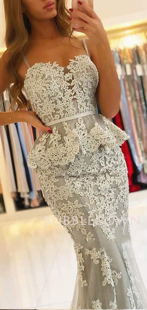 Copy of Grey Appliques Spaghetti Straps V Neck Mermaid Lace Long Evening Prom Dresses, Cheap Custom Prom Dresses, MR7416