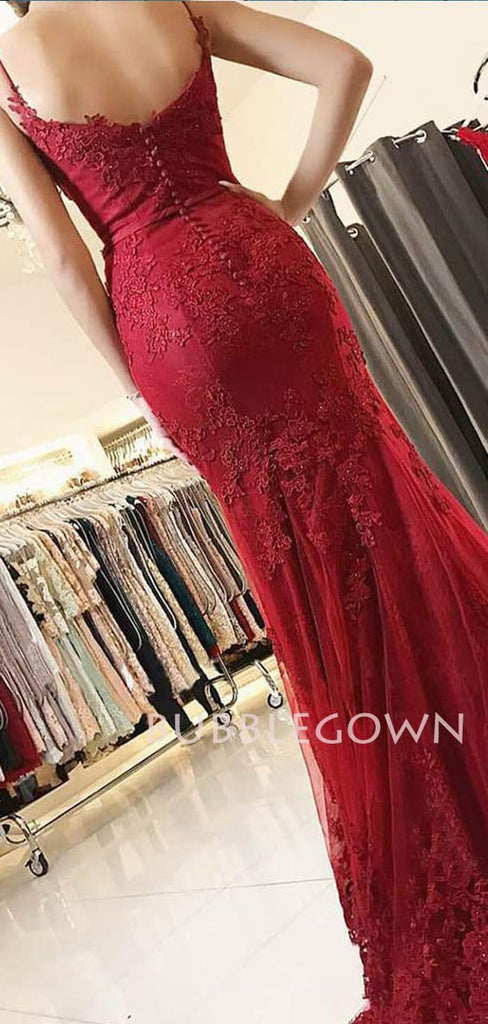 Burgundy Tulle Appliques Spaghetti Straps V Neck Mermaid Lace Long Evening Prom Dresses, Cheap Custom Prom Dresses, MR7420