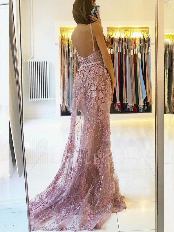 Appliques Spaghetti Straps V Neck Mermaid Dusty Purple Tulle Lace Long Evening Prom Dresses, Cheap Custom Prom Dresses, MR7426