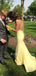 Yellow Lace Spaghetti Straps Mermaid Backless Long Evening Prom Dresses, Cheap Custom Prom Dresses, MR7428