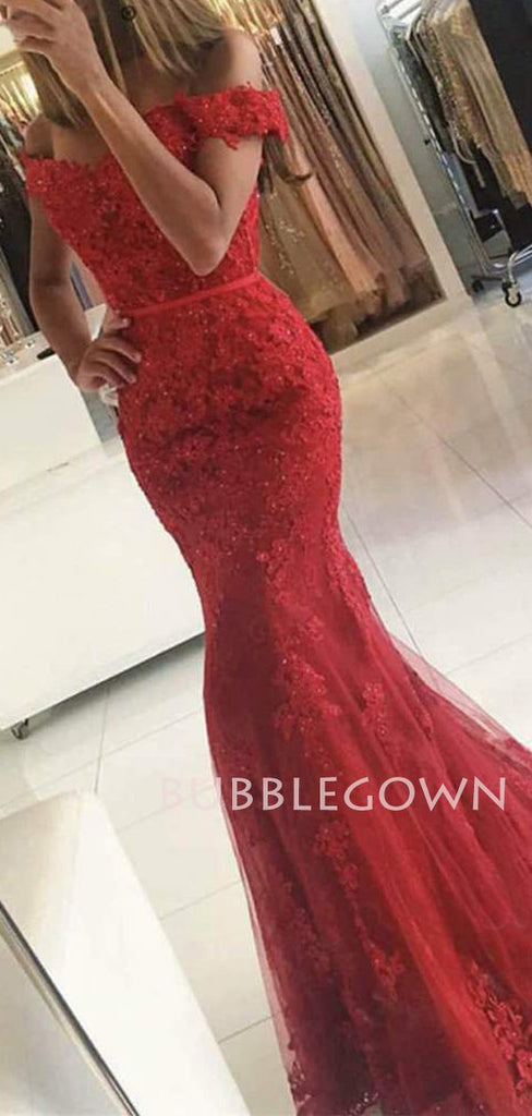 Off Shoulder Red Mermaid Beaded Long Evening Prom Dresses, MR7429