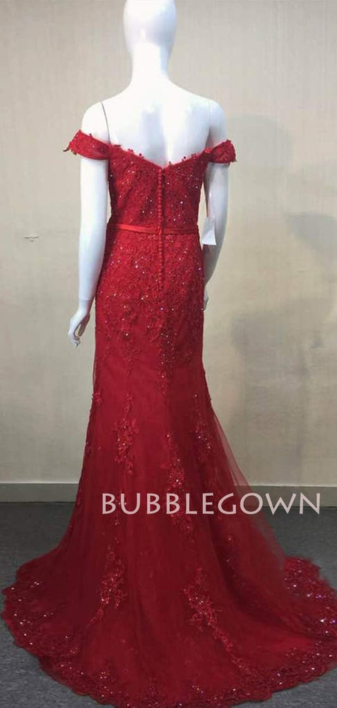 Off Shoulder Red Mermaid Beaded Long Evening Prom Dresses, MR7429