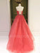 A-line Halter Watermelon Red Tulle Appliques Lace Long Evening Prom Dresses, Cheap Custom Prom Dress, MR7431