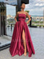 A-line Burgundy Satin Strapless Side Slit Long Evening Prom Dresses, Cheap Custom prom dresses, MR7433