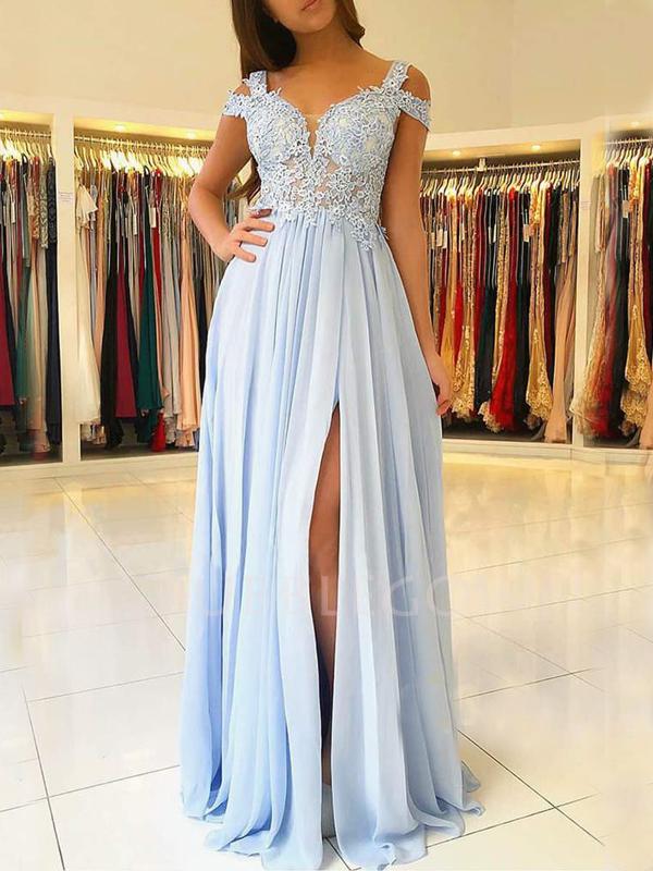 Off Shoulder Chiffon Beaded Appliques Long Evening Prom Dresses, Cheap Custom Prom Dresses, MR7439