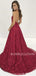 Burgundy Lace Spaghetti Straps V Neck Backless Long Evening Prom Dresses, Cheap Custom Prom Dresses, MR7440