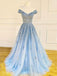 Off Shoulder A-line Blue Tulle Appliques Lace Long Evening Prom Dresses, Cheap Custom Prom Dresses, MR7441