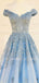 Off Shoulder A-line Blue Tulle Appliques Lace Long Evening Prom Dresses, Cheap Custom Prom Dresses, MR7441