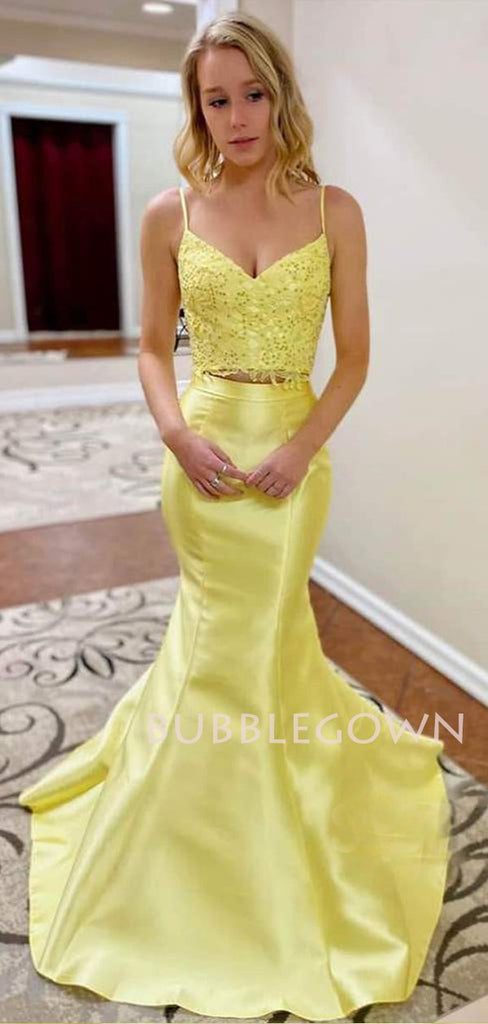 Two Pieces Yellow Satin Beaded Mermaid Long Evening Prom Dresses, Cheap Custom Prom Dress, MR7442