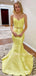 Two Pieces Yellow Satin Beaded Mermaid Long Evening Prom Dresses, Cheap Custom Prom Dress, MR7442