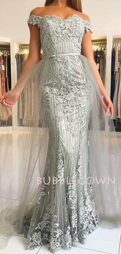 Off Shoulder Grey Lace Mermaid Beaded Long Evening Prom Dresses, MR7445