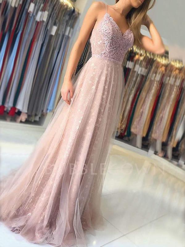 A-line Spaghetti Straps Appliques Lace Long Evening Prom Dresses, Cheap Custom Prom Dresses, MR7447