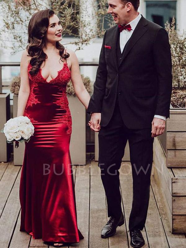 Burgundy Satin Spaghetti Straps Mermaid Long Evening Prom Dresses, Cheap Custom Prom Dresses, MR7459