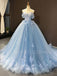 Ball Gown Off Shoulder Blue Tulle Appliques Long Evening Prom Dresses, Cheap Custom Prom Dresses, MR7461